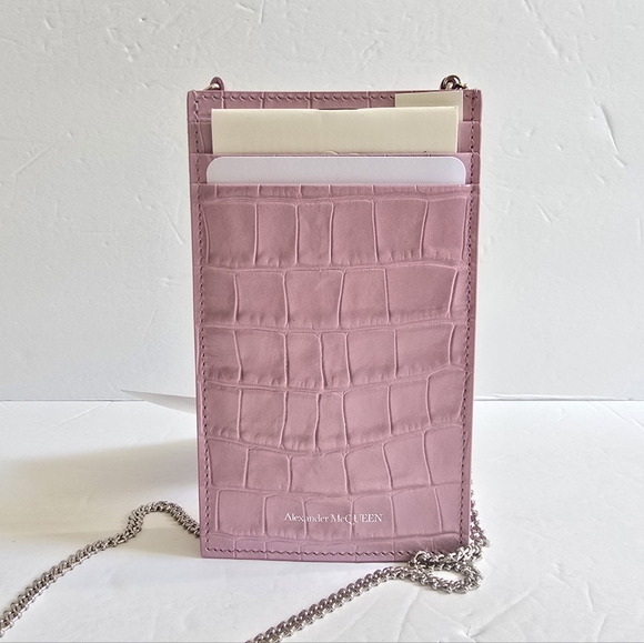 Alexander McQueen Skull Croc-Embossed Leather Phone-Case-On-Chain Pink - Picture 3 of 9